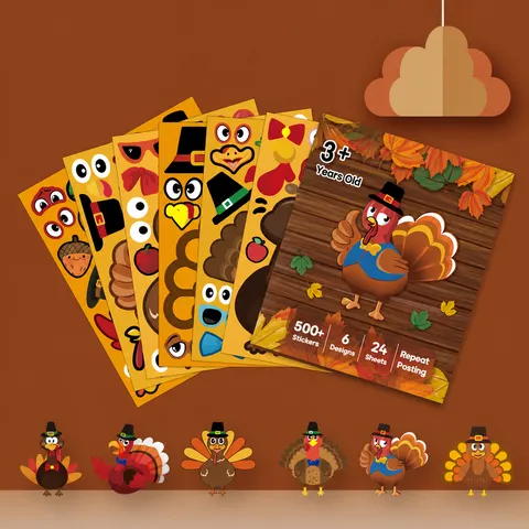 Autocollants d'Expression de Dinde DIY de Thanksgiving pour Enfants Décalcomanies Décoratives de Jeu de Fête