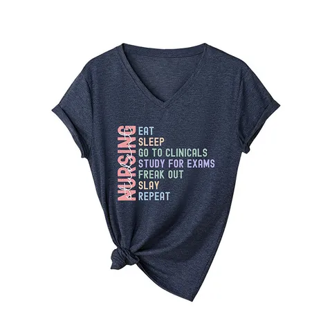Women's Casual V-Neck Short Sleeve T-Shirt Nursing Student Graphic Printed Cotton Blend Loose Summer Top