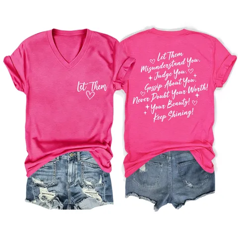 Damen Casual V-Ausschnitt Kurzarm T-Shirt Baumwollmischung Lockerer Schnitt Buchstabendruck Inspirierender Slogan Tee Top Streetwear Sommerkleidung