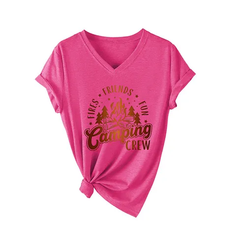 Women V Neck Short Sleeve T-Shirt Casual Camping Crew Letter Print Cotton Blend Loose Fit T-Shirt Top For Outdoors Daily Wear