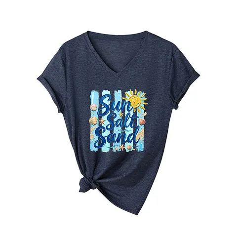 Damen Sommer V-Ausschnitt T-Shirt Baumwollmischung Casual Sun Salt Sand Grafikdruck Tee Top Soft Strand Urlaub Kurzarm