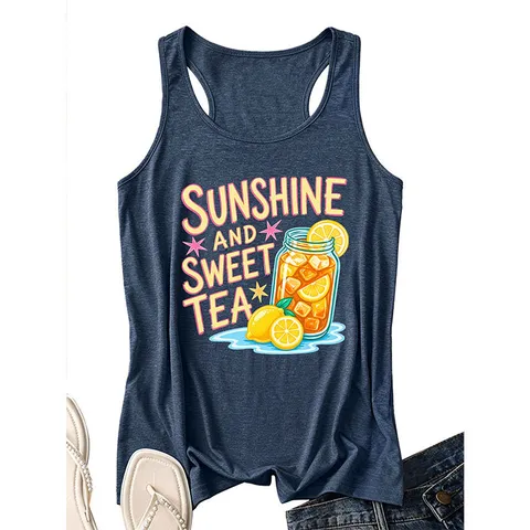 Camiseta de Tirantes Racerback de Algodón para Mujer Verano Sunshine Sweet Tea Estampado de Limón Top