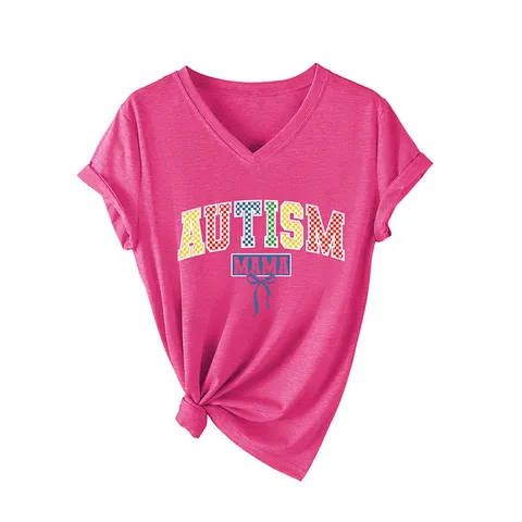 Dames Casual V-hals T-Shirt met Korte Mouwen Autism Mama Letterprint Top Comfortabele Katoenmix Losse Graphic Tee