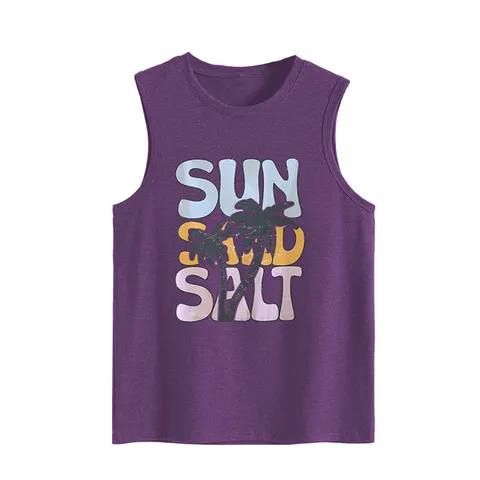 Sun Sand Salt Women's Casual Loose Sleeveless Tank Top Vintage Palm Tree Graphic Print Round Neck Cotton Blend Summer Vest Top