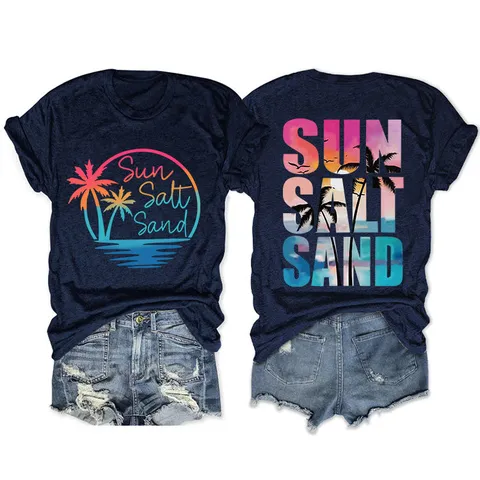 Women's Casual Cotton T-Shirt Double-Sided Sun Salt Sand Palm Tree Print Round Neck Short Sleeve Loose Vacation Top