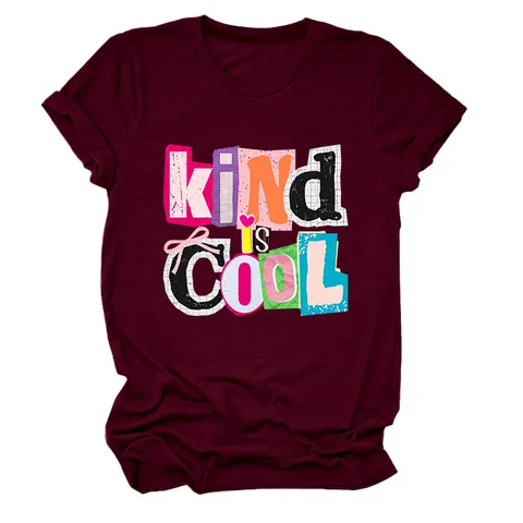 Kind Is Cool Buchstabe Bedruckt Damen Casual Rundhals Kurzarm Top Baumwolle Lockere Passform Mittellang Pendler T-Shirt Streetwear