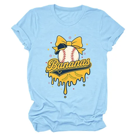 Women's Casual Cotton Blend Loose T-Shirt Round Neck Short Sleeve Top With Bananas Baseball Graphic Print For Women