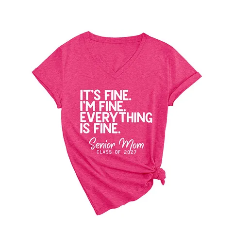 Γυναικείο T-Shirt με V-Λαιμόκοψη Κοντό Μανίκι Casual Βαμβακερό Τυπωμένο Top It's Fine Σλόγκαν Πλευρικός Κόμπος Χαλαρή Εφαρμογή