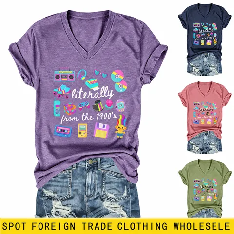 Γυναικείο Casual T-Shirt Με Λαιμόκοψη V Κοντό Μανίκι Ρετρό Νοσταλγικό Τυπωτό Βαμβακερό Χαλαρή Εφαρμογή Μοντέρνο Καθημερινό Top