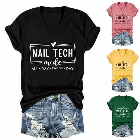 Women's V Neck Short Sleeve T-Shirt Cotton Blend Casual Printed Graphic Top Nail Tech Mode All Day Every Day Letter Print Tee