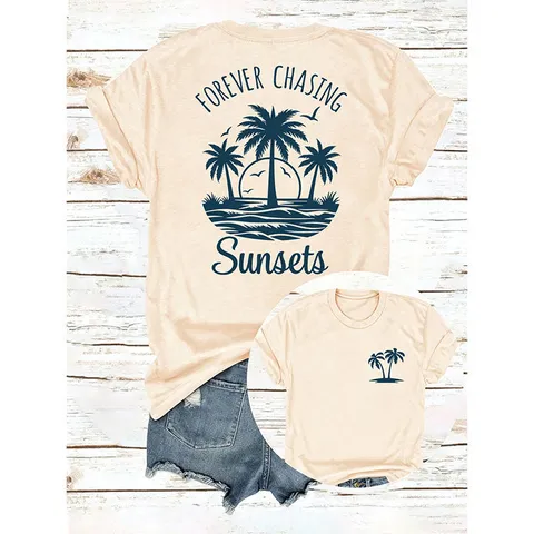 Damen Casual Streetwear Baumwolle T-Shirt Rundhals Locker Passform Bedruckt Palme Sonnenuntergang Kurzarm Top Grafik Urlaub Kleidung