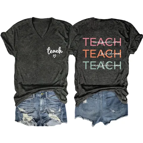Women Casual Western Cotton V-Neck Short Sleeve T-Shirt Elegant Loose Printed Letters Top For Daily Wear