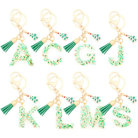 Christmas Resin Alphabet Keychain Festive Letter Keyring With Tassel Xmas Tree Candy Cane Charm Personalized Holiday Gift Accessory