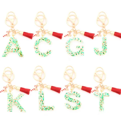 Christmas Resin Alphabet Keychain Festive Letter Keyring With Tassel Xmas Tree Candy Cane Charm Personalized Holiday Gift Accessory