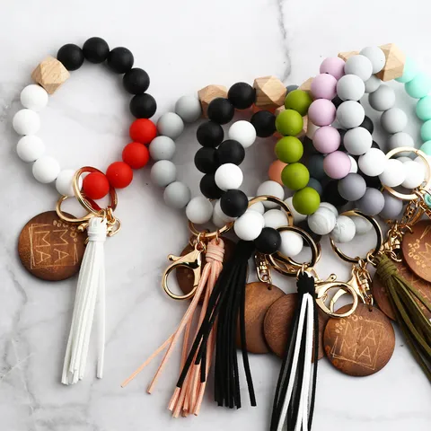 MAMA Silicone Bead Keychain Leather Tassel Wood Beads Wristlet Keychain For Mothers Day Gift Beaded Bracelet Keyring For Women
