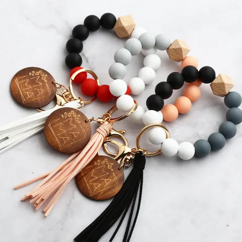 MAMA Silicone Bead Keychain Leather Tassel Wood Beads Wristlet Keychain For Mothers Day Gift Beaded Bracelet Keyring For Women