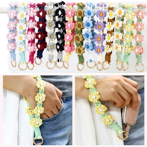 Handmade Woven Daisy Phone Lanyard Wrist Strap Core-Spun Rope Flower Keychain For Women Girls Mobile Phone Charm Accessories