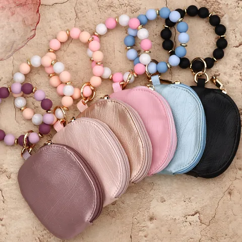 Portachiavi da Polso con Perle in Silicone con Portamonete in Pelle PU Mini Borsa per Chiavi Bracciale Ciondolo Borsa da Donna