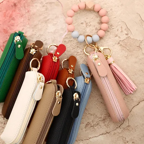 PU Leather Key Case Silicone Bead Bracelet Keychain With Tassel Macaron Color Lipstick Bag Keyring For Women Accessories
