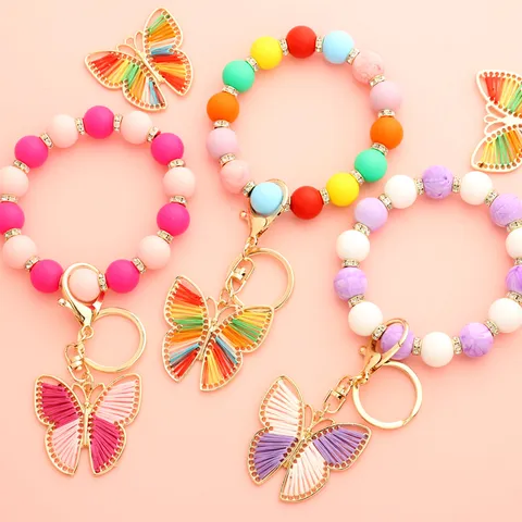 Women Silicone Bead Bracelet Keychain With Rhinestone Alloy Butterfly Charm Colorful Wristlet Key Ring For Bag Decoration
