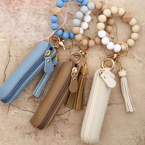 PU Leather Key Case Silicone Bead Bracelet Keychain With Tassel Macaron Color Lipstick Bag Keyring For Women Accessories