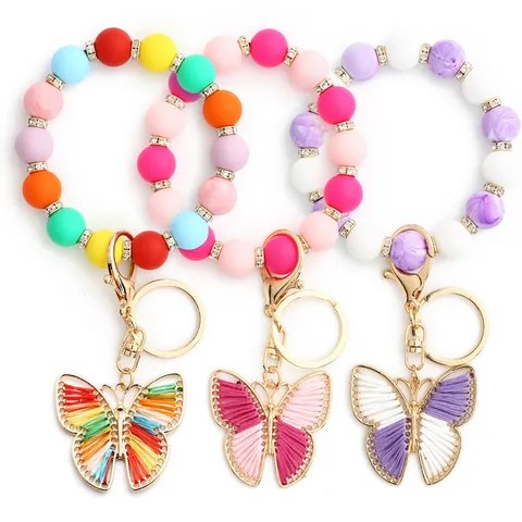 Women Silicone Bead Bracelet Keychain With Rhinestone Alloy Butterfly Charm Colorful Wristlet Key Ring For Bag Decoration