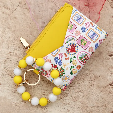Damen Kunstleder Zweifach Gefaltete Brieftasche Mit Silikonperlen Schlüsselanhänger Armband Bedruckte Reißverschluss Kartentasche Geldbörse