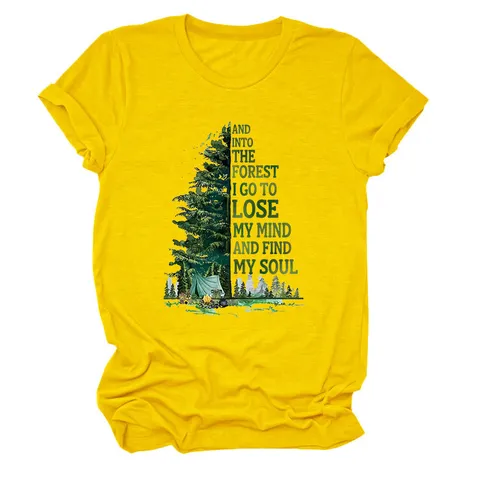 Maglietta da Donna in Cotone Casual Girocollo Manica Corta Taglio Comodo Stampa Grafica Foresta Campeggio Top Quotidiano