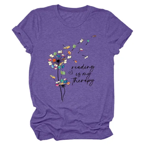Women Casual Cotton T-Shirt Graphic Printed Short Sleeve Round Neck Loose Top Reading Is My Therapy Shirt For Female Daily Wear