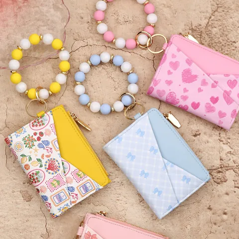 Damen Kunstleder Zweifach Gefaltete Brieftasche Mit Silikonperlen Schlüsselanhänger Armband Bedruckte Reißverschluss Kartentasche Geldbörse