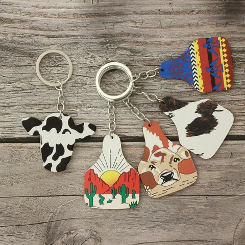 Western Cowboy Stijl Houten Sleutelhanger Koeienkop Koe Label Vorm Bedrukte Houten Hanger Metalen Sleutelring Voor Tassen