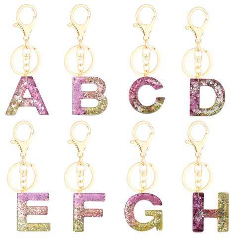 Pink Sequin Resin Alphabet Keychain Gold Alloy Lobster Clasp Letter A-Z Pendant Bag Hanging Ornament Fashion Jewelry Gift