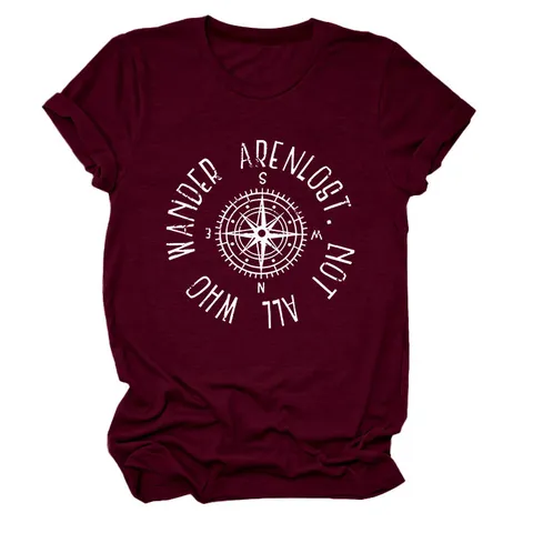 Damen Casual Baumwolle Lockeres T-Shirt Modisches Buchstaben Kompass Grafikdruck Rundhals Kurzarm Top