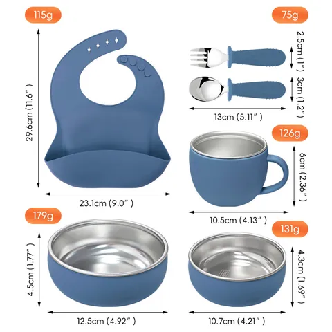 Baby Tableware Set Stainless Steel Food Grade Silicone Bib Bowls Cup Fork Spoon Toddler Self Feeding Tableware
