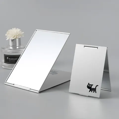 Tragbarer Klappbarer Schminkspiegel Metall Silber Kompakt Taschenspiegel Mit Süßem Katzenmuster Für Studenten Desktop Reisen