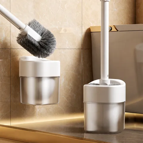 Wall Mounted Toilet Brush Holder Set Silicone Flexible Deep Cleaning Bathroom Brush With Drainage Base Long Handle Tool