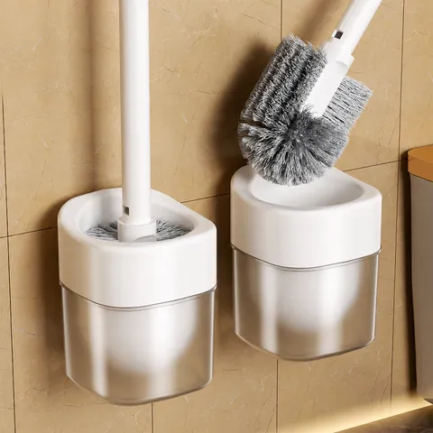 Wall Mounted Toilet Brush Holder Set Silicone Flexible Deep Cleaning Bathroom Brush With Drainage Base Long Handle Tool