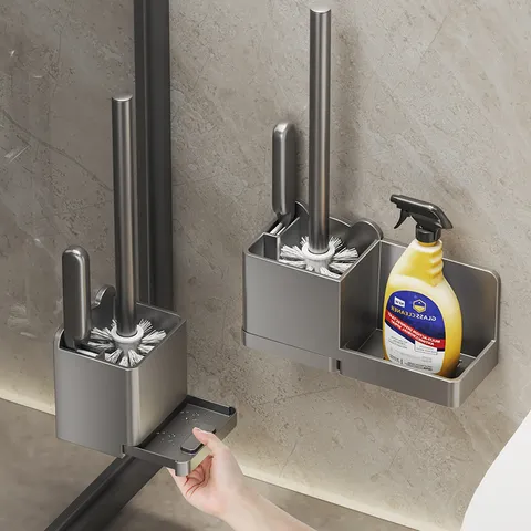 Wall Mounted Toilet Brush Holder Set Punch Free Bathroom Cleaning Tool Storage Organizer