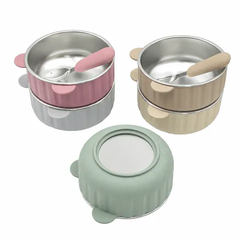 Baby Stainless Steel Divided Dinner Plate Set Silicone Anti-Slip Suction Bowl Cup Spoon Fork Infant Feeding Tableware Gift