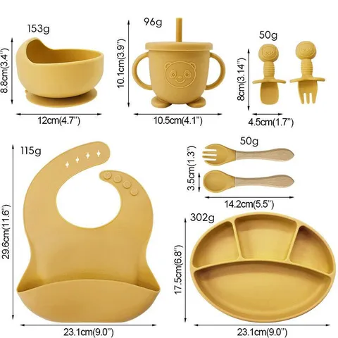 Baby Silicone Feeding Set Toddler Tableware With Divided Plate Bowl Bib Straw Cup Spoon Fork Set For Infants Kids