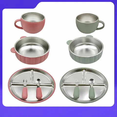 Baby Stainless Steel Divided Dinner Plate Set Silicone Anti-Slip Suction Bowl Cup Spoon Fork Infant Feeding Tableware Gift