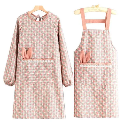Geometric Print Canvas Apron Long Sleeve Sleeved Bib Apron With Pockets Cute Rabbit Ears Kitchen Cooking Household Clean Cloth