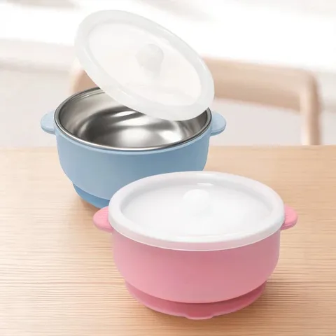 Cuenco para Bebé de Doble Oreja de Acero Inoxidable 304 Silicona de Grado Alimentario Succión Antiescalduras Vajilla Infantil
