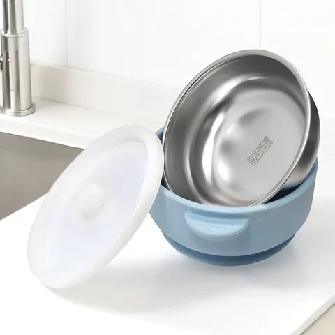 Cuenco para Bebé de Doble Oreja de Acero Inoxidable 304 Silicona de Grado Alimentario Succión Antiescalduras Vajilla Infantil