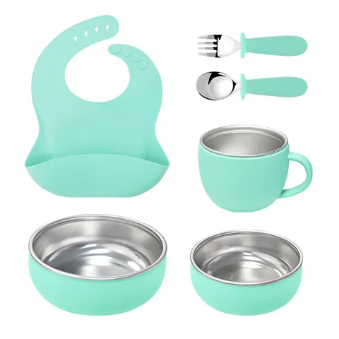 Baby Tableware Set Stainless Steel Food Grade Silicone Bib Bowls Cup Fork Spoon Toddler Self Feeding Tableware