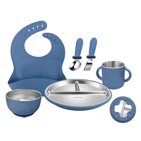 Baby Tableware Set Stainless Steel Compartment Plate Bowl Cup Bib Fork Spoon Toddler Feeding Tableware Set