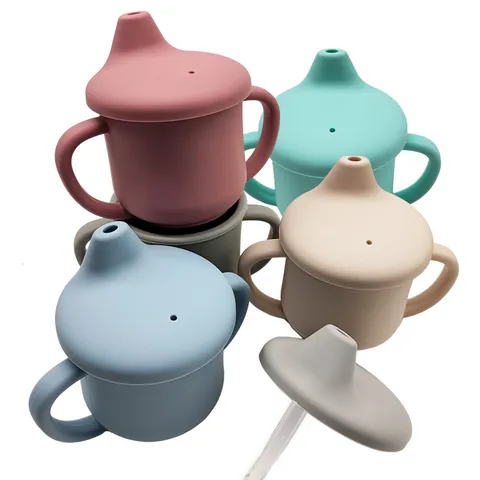 Baby Silicone Feeding Set Divided Suction Plate Bowl Bib Training Cup Wooden Spoon Fork Infant Weaning Tableware