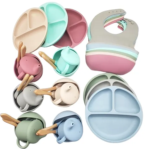 Baby Silicone Feeding Set Divided Suction Plate Bowl Bib Training Cup Wooden Spoon Fork Infant Weaning Tableware