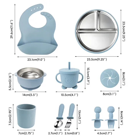 Kids Stainless Steel Tableware Set Silicone Bib Divided Plate Bowl Cup Spoon Fork Baby Feeding