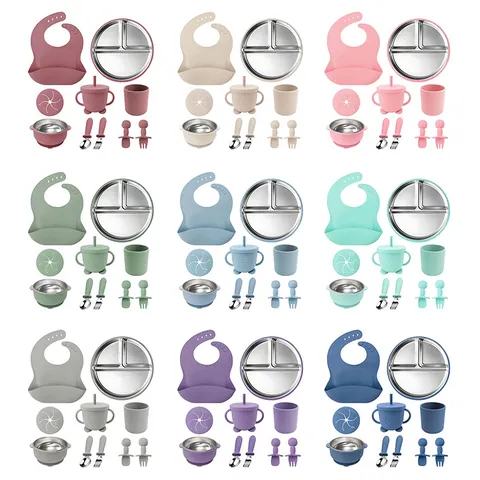 Kids Stainless Steel Tableware Set Silicone Bib Divided Plate Bowl Cup Spoon Fork Baby Feeding